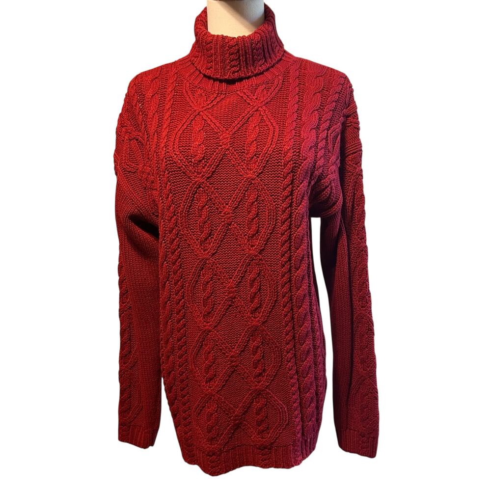 VTG Women Cable Knit Sweater SM Turtleneck Burgundy Chunky Carriage Court Sports